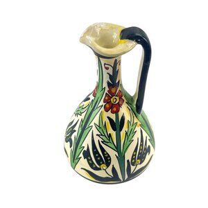Handmade Greek Ceramic Pitcher With Floral Design Multicolor 7" Tall Signed Numb